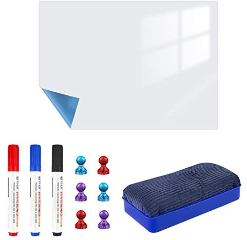 Relota Lavagna Magnetica Frigo 60 X 90 cm, Adesiva Lavagna Bianca Cancellabile a Secco con 4 Pennarelli, 1 Gomma, 6 Magneti, Frigorifero Lavagna Flessibile, Whiteboard per Domestiche, Aule e Uffici