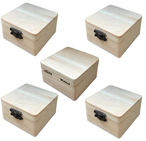 Kleine Holzkiste mit Deckel & Schloss, Natur Aufbewahrungskiste Bastel & Geschenkkiste,Holz-Schatzkisten, 5er Set auch zum Bemalen, Holztruhen, Schatzkiste, Schmuckkästchen, 8 * 8 * 4,5 cm (ca.)