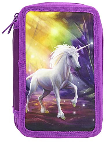 Idena 20126 - Federmappe Triple mit 3 Reißverschluss-Fächern, Design Einhorn, gefülltes Federmäppchen mit 47 Teilen