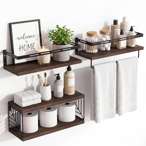 Fixwal Wandmontiertes Badezimmerregal über Toilette (3+1 dunkelbraun) | Wandregal mit Korbaufbewahrung, Handtuchstange, Massivholz, 10 kg Kapazität, einfache Selbstmontage