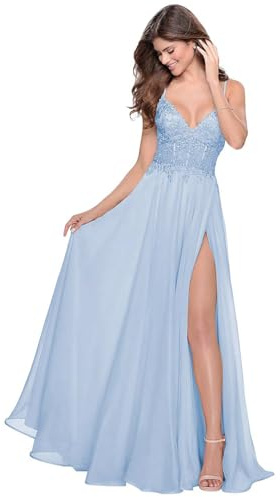 Sincemeet Spitzenapplikationen Lang Abendkleid Spaghettiträgern V-Ausschnitt Chiffon Ballkleider brautjungfernkleider mit Schlitz