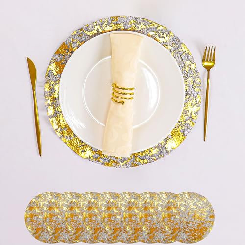Snowkingdom 12 Stück schwarze und goldene Platzsets, runde Einweg-Deckchen aus Metallfolie, Glitzernetz, Tischmatten für Herbst, Erntedankfest, Weihnachten, Neujahr, Abendessen, Party, Urlaub, Feier