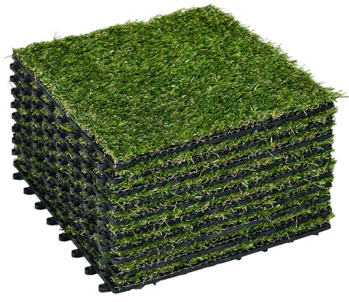 Outsunny Tappeto erboso sintetico artificiale Set di 10 piastrelle 30 x 30 cm spessore comfort 3 cm ad incastro verde