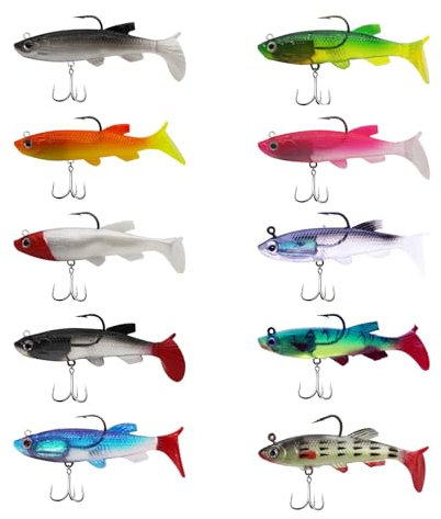 Angelköder Set, 10 Stück Gummifische mit Jigkopf, Kunstköder, Gummiköder, Süßwasser Salzwasser Fischen Geschenk für Barsch Weiches Mandarinenfisch Pferdemaul Tilapia