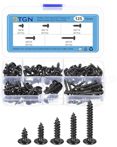 DTGN 125Pièces Kit De Vis À Tôle Assorties Pour Bois Meubles Noir | 5 Tailles Acier Carbone M4 Tête Bombée Phillips Pointe Auto-Taraudeuse Vis À Bois