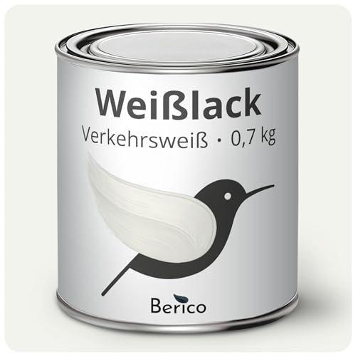 Berico Weisslack - 0,7 Kg - Helles Weiß (ähnl. Verkehrsweiß RAL 9016) - Seidenmatt - 3in1 Grundierung & Deckfarbe - Hohe Beständigkeit & Deckkraft - UV-Schutz - Holz, Metall, Kunststoff
