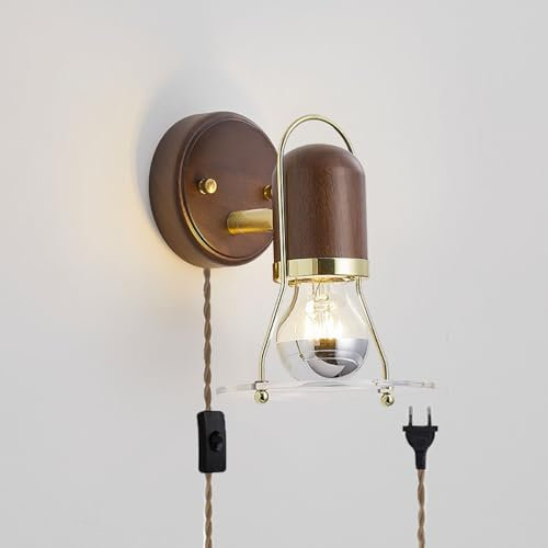 EOEO Wandleuchte Innen mit Schalter Verstellbare Wandlampe Retro Holz E27 Nachttischlampe mit Kabel und Stecker, Wand Leselampen Antik Wandspot für Schlafzimmer Wohnzimmer Flur,A