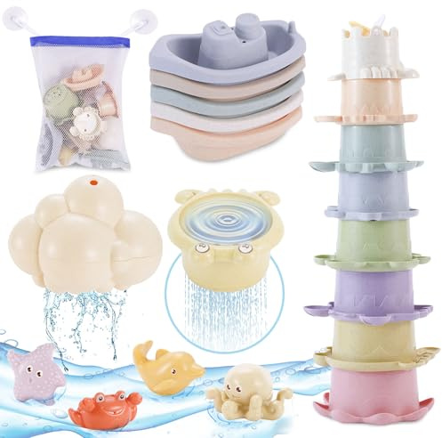 Badespielzeug Baby ab 1 2 Jahr, Baby Kinder Badewannenspielzeug Schimmelfreies, Wasserspielzeug Badewanne Spielzeug mit Spritztiere/Stapelbecher/Badeboote