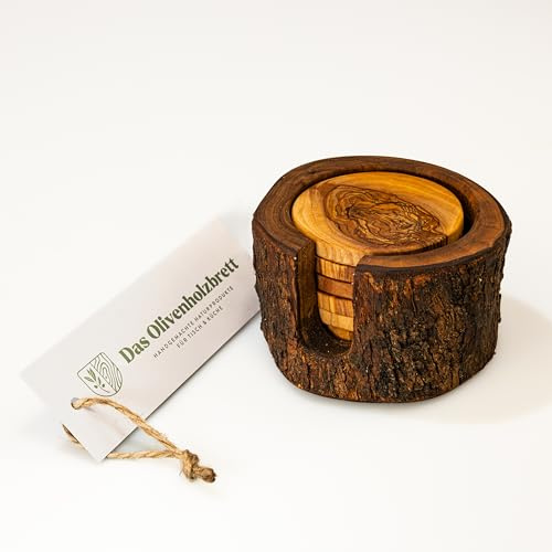 DAS OLIVENHOLZBRETT® Untersetzer Set 6 teilig rustikal mit Halterung | Glasuntersetzer Set aus Holz / rund / Holzuntersetzer inkl Aufbewahrungsbox / Olivenholz / Tischschoner für Gläser