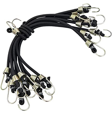 10 Stück Elastische Spanngurte - Robuste Gepäckspanner mit Haken, Kurze Gummi-Spannseile mit 2 Haken, Expanderseile, Gepäckgurt, Planenspanner für Fahrrad, Motorrad, Camping, Auto – Schwarz