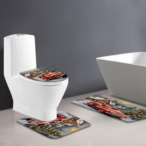 Badezimmer Vorleger 3-Teiliges Frohe Weihnachten Rot Vintage LKW Kiefer Baum Winter Schnee Schneeflocke Urlaub Rustikal Retro Vintage Badteppich-Set 3-Teilig Wc Vorleger Set 3 Teilig Badvorleger