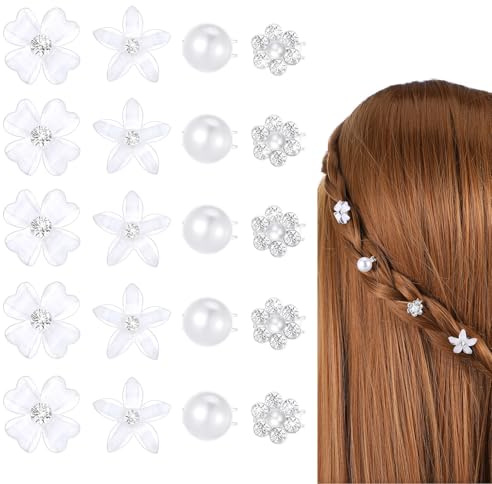 Yuanchu Lot de 20 mini pinces à cheveux en forme de fleurs blanches avec perle, mini épingles à cheveux en métal et strass pour femmes et filles