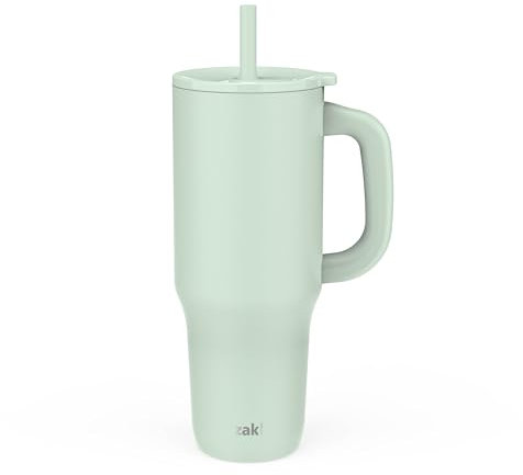 Zak Designs Sutton Travel Tumbler for On the Go, 40oz Stainless Steel with Vacuum Insulation, Silicone Straw, and Carry Handle for Cold Drinks (Icicle Mint Green)