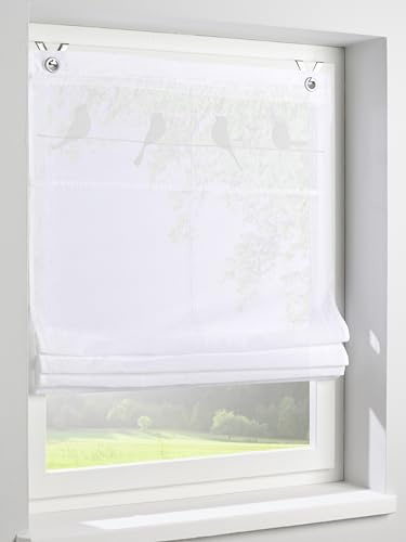 Raffrollo Gravelot mit Vogelmotiv in weiß - Halbtransparentes Ösenrollo für Fenster in der Größe 100 x 140 cm, Montage ohne Bohren