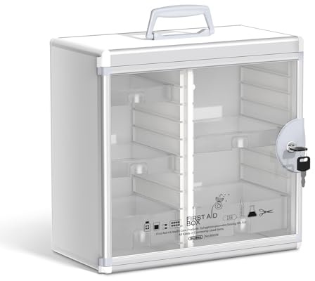Glosen Lockable Medicine Cabinet with 5 Removable Trays, Wall Mounted & Portable Locking Medicine Cabinet Organizer with Key Lock for Home, Bathroom, Office - Aluminum Frame(13.6x6.5x12.4Inch)