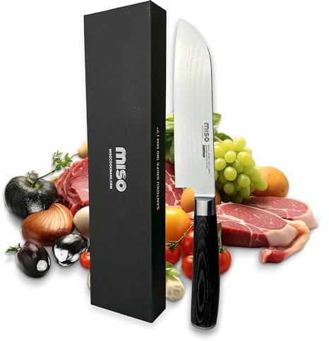 Miso Cookware 18 Cm Santokumesser – Damastmesser & Küchenmesser (AUS‑10, 67 Lagen, 60 HRC) mit Pakkawood-Griff, inkl. Aufbewahrungsbox & Poliertuch