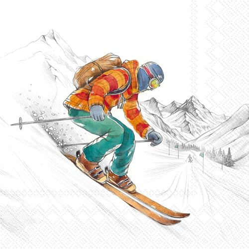 20 Servietten Weihnachten Wintersportler in Zeichnung als Tischdeko. Papierservietten mit Motiv. Auch für Decoupage und Serviettentechnik 33x33cm