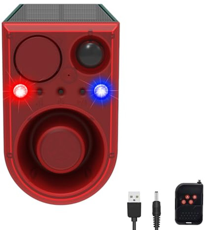 Solar Outdoor Motion Sensor Alarm with 13Sounds,KINGCOO 130db Gunshot Dog Barking Sound Red Blue LED Flashing Warning Security Strobe Light with Recording Message for Farm Yard Orchard Barn (1PCS)