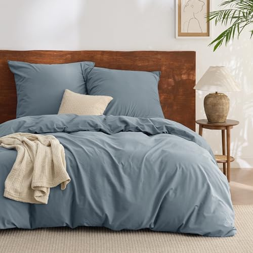 BEDSURE Bettwäsche 155x220 Baumwolle 3teilig - Graublau, 2 Kissen 80x80 cm | 100%Baumwolle Bettwäsche Set mit Reißverschluss, 1 Bettbezug+2 Kissen, Gewaschene Leinenoptik, Atmungsaktiv & Weich, Oeko-TEX