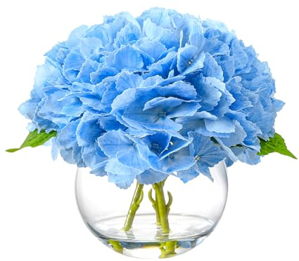 Wenhuidr Artificial Hydrangea with Fake Water in Vase, Real Touch Faux Flowers, Silk Fake Hydrangea Flower Arrangement with Faux Water for Home Office Bathroom Wedding Table Centerpiece Decor(Blue)