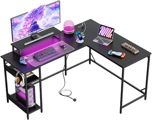 DEVAISE 150×118cm Gaming Desk, Corner Desk with Shelf, for Home Office, Black