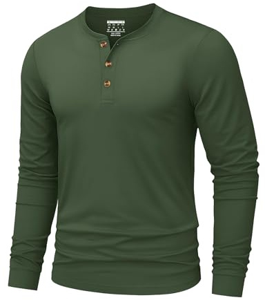 TACVASEN Maglia Henley T Shirt Uomo Cotone Maglietta Uomo Manica Lunga Sottogiacca Elegante Base con Sfilo Bottoni Pullover Casual Verde Militare, L