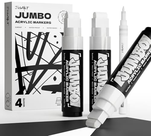 JusArt 4 Weiße Jumbo-Postermarker,15mm Breite Spitze＆0,7mm Feine Spitze | Acrylstifte,Acrylfarbenmarker,Plakatmarker für Stein, Stoff, Glas, Metall und Holz
