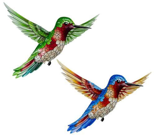 2 piezas de colibrí de metal para colgar en la pared, decoración de pared de colibrí para el hogar, jardín, valla de hierro forjado, colorido colibrí