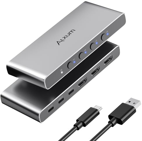 Alxum HDMI Switch 4 in 1 Out 4K@60Hz mit 2x USB-C & auto-Umschaltung | 2×HDMI 2.0b & 2×USB-C HDR10, HDR10+ & Dolby Vision VRR, FreeSync & G-Sync kompatibel Für PS5, Xbox & PC. Kein Netzteil nötig