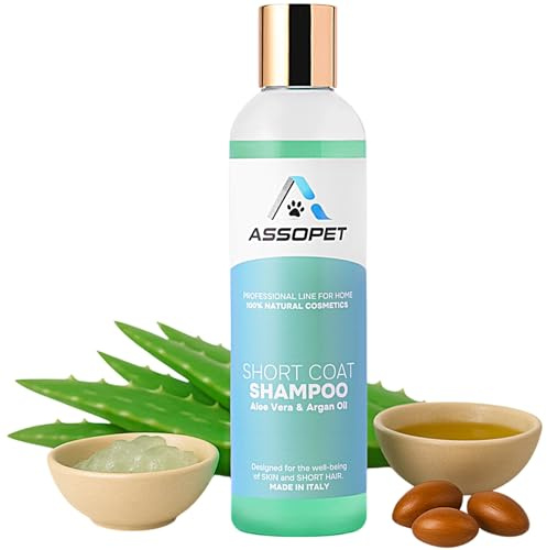 Hundeshampoo für Kurzhaar 250ml – ASSOPET - Naturshampoo mit Bio-Arganöl und Bio-Aloe Vera – Feuchtigkeitsspendende Haut und glänzendes Fell – Sicher, Sanft, 100% Vegan, Made in Italy