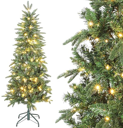 HOMCOM Sapin de Noël Artificiel 150 cm, Arbre de Noël Slim avec 150 lumières Blanches Chaudes, 8 Modes d'éclairage, 431 Pointes de Branche articulée, Support en métal, Plastique Ignifuge, Vert