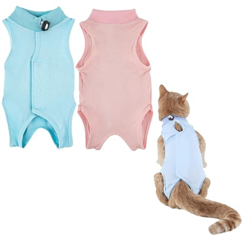 2PCS Cat Recovery Suit for After Surgery, Breathable Anti-Lick Cat Onesie Bodysuit, Soft Spay Surgical Recovery Clothes for Cats Kittens, E-Collar & Cone Alternative (Pink Blue, M)