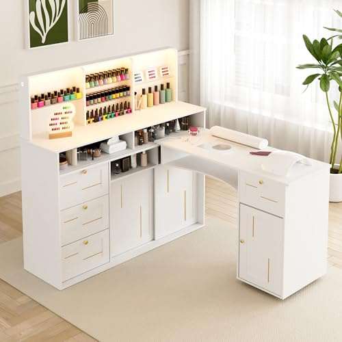 HolaiNail Manicure Table with Dust Collector, L-Shaped Nail Desk with Mobile Desktop, LED Light, Glass Display Rack, Storage Cabinets and Drawers for Home Spa Beauty Salon Nail Station, White