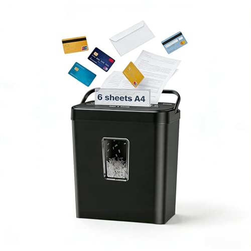 6 Blatt Aktenvernichter Kreuzschnitt P4, 13L Papierkorb | Aktenvernichter mit P4, Sichtfenster & Tragegriff. Zerkleinert Papier & Kreditkarten, Überhitzungsschutz für Heim und Büro
