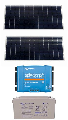 Solare Pronto Photovoltaik-Set 12 V 2 Paneele + Smartsolar MPPT 100/30 + AGM/GEL-Batterie für Wohnmobil und Boot – kompatibel mit Victron (370 W)
