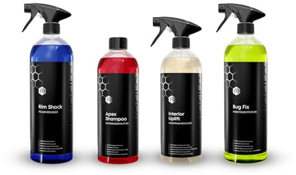 evorilo Autopflege Set für Felgen, Lack, Innenraum & Front | Felgenreiniger + Shampoo + Innenraumreiniger + Insektenentferner | 4-teilig