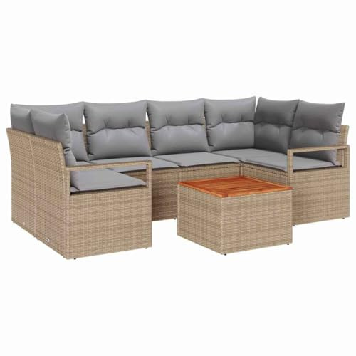 Qnhdfrt Set divano da giardino 7 pezzi, set di mobili lounge modulare in polyrattan e legno di acacia, gruppo sedute per esterni, cuscini inclusi, beige, 6 posti