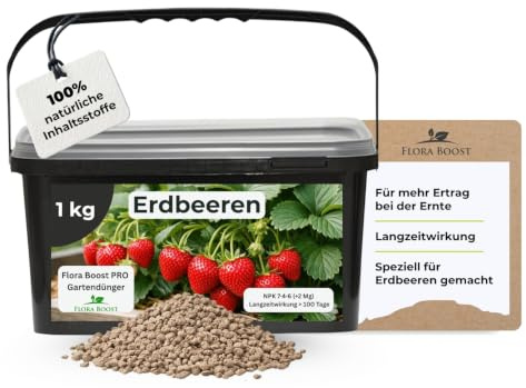 Flora Boost PRO Erdbeer Dünger Granulat, 1KG, Langzeitwirkung | Granulat für Erdbeerpflanzen, organisch-mineralisch für süße Früchte & hohe Erträge, NPK 7-4-6