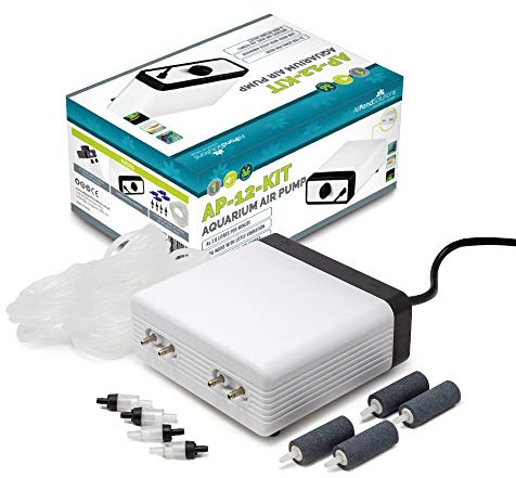 AllPondSolutions Aquarium Air Pump For Fish Tank Coldwater or Tropical up to 700 Litres - 4 Outlets - Ultra Quiet Oxygen Pump - Includes Airline Non-Return Valves and Air Stones - Complete Kit
