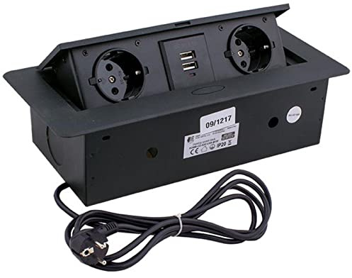 Lumonic KombiBox 2X Schuko Steckdose + 2X USB 2,4A Tischsteckdose Schwarz I 2 Steckdosen mit 230V im Tower max. 3600W I Mit Bohrloch-Größe 230x116mm Ideal für den Einbau