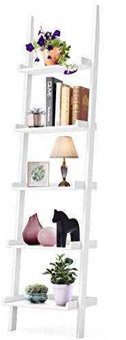 GOPLUS Leiterregal aus Holz, Standregal Treppenregal Wandregal Hochregal Bücherregal Pflanzenregal Stufenregal Dekoregal Blumenregal mit 5 Ablagen (Weiß)