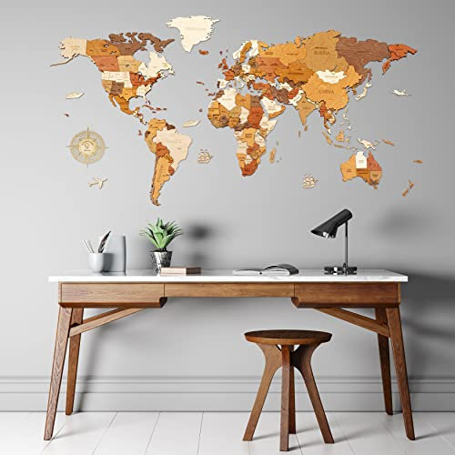 68travel Hölzerne Weltkarte Wanddekoration - mehrschichtig, gebeiztes Holz, eingravierte Namen - einzigartiger 3D-Effekt - für Wohnzimmer, Büro und Schlafzimmer L120 (120x60 cm) Traveler