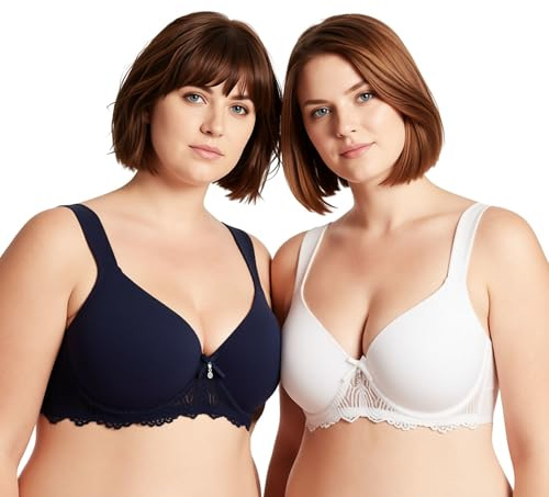 Curve Muse De las Mujeres Ligeramente Acolchado Aros Sujetador de Encaje con Correas de Hombro Acolchadas-Paquete de 2-Iris Negro,Crema-95C