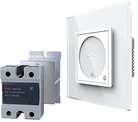 LIVOLO Digitales Touch Raumthermostat inkl. Glasrahmen mit Elektronischem Lastrelais für Fußboden/Elektroheizung mit Stellmotoren VL-C7-PS72-XQ002-11-VL-C7-SR-11-A Weiss Fuß Boden Heizung