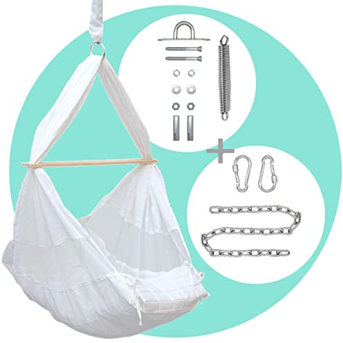 AMANKA Baby Federwiege mit 100cm Kette - Schwerlast Deckenhaken - Hängematte mit Feder und Matratze