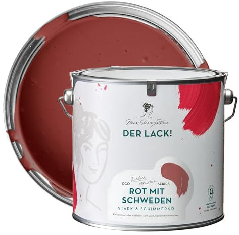 MissPompadour seidenmatte Holzfarbe Innen & Außen 2,5L Rot mit Schweden, Möbelfarbe ohne Schleifen - Farbe für Holz, Metall, Kunststoff - Holzlack, Möbellack schnelltrocknend mit hoher Deckkraft