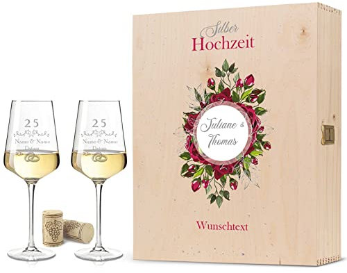 Leonardo Weingläser mit Gravur - Silberhochzeit 25 Jahre - Personalisiert mit Namen & Datum inkl. Holzkiste - Geschenk für Sie & Ihn zur Hochzeit Verlobung Jahrestag - Farbe: Große Kiste UV