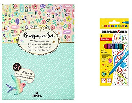 Moses Flowers & Friends Briefpapier-Set & Eberhard Faber 551008 - Glitzer Filzstifte in 8 leuchtenden Farben, Minenstärke 3mm, auswaschbar im Kartonetui, zum Verzieren, Zeichnen, Basteln und Schreiben
