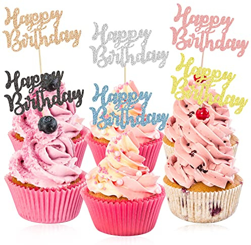 24 piezas de adornos para cupcakes de feliz cumpleaños, adornos para cupcakes con purpurina, para celebrar cumpleaños, púas para cupcakes para celebrar el feliz cumpleaños, suministros (6 colores)