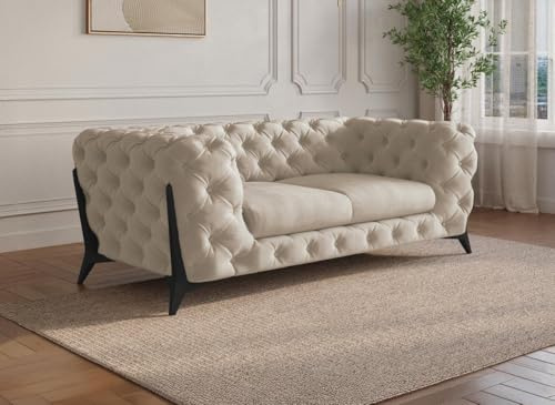 DecoInParis Canapé Fixe 2 Places capitonné Chesterfield Velours Beige Carmen